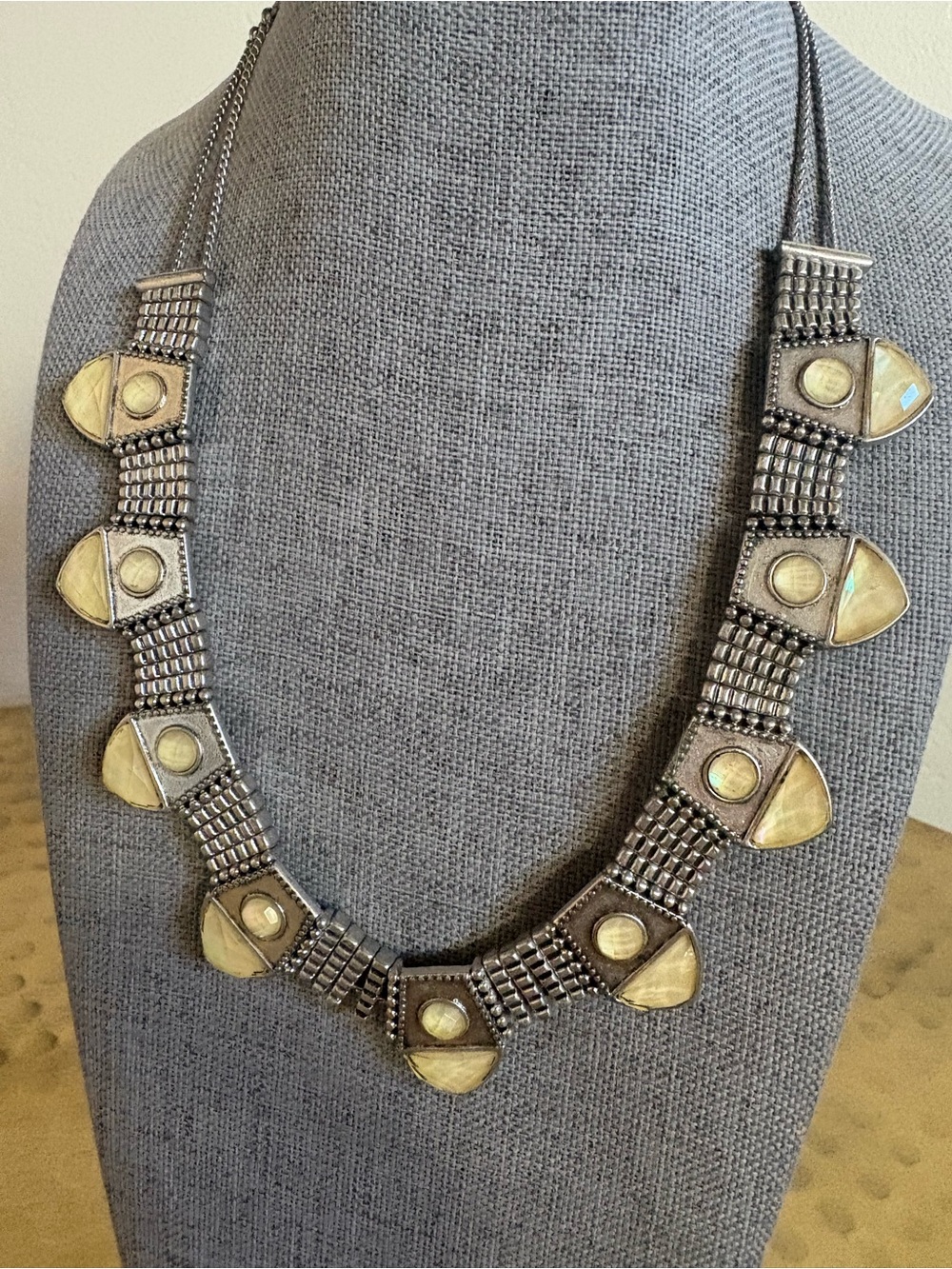 Tribal Statement Necklace Silver Tone Yellow Moonstone Accents Lucky Brand